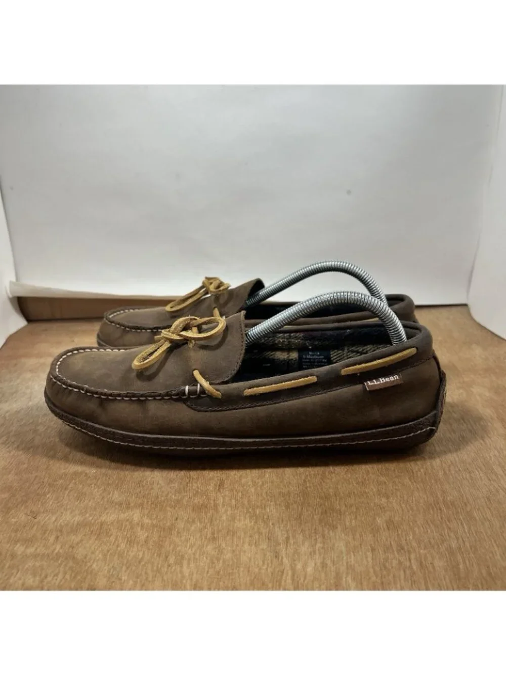 LL Bean Leather Slippers Mens Size 9 Brown Lined Moccasin